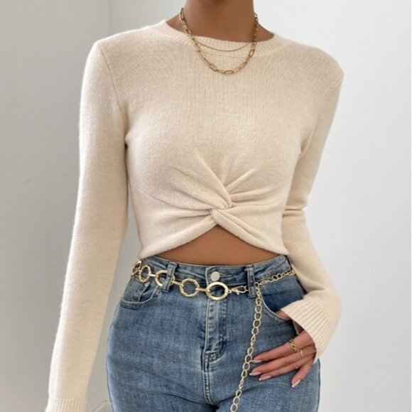 Twist Front Round Neck Crop Sweater - Picture 1 of 4